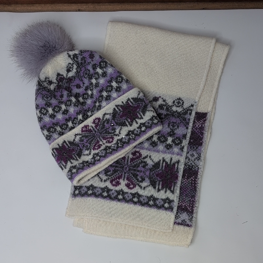 Purple and Cream Knit Beanie and Scarf Set